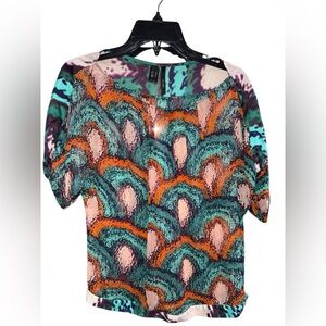 MNG Suit Colorful Orange & Teal Green Patterned Women's Blouse Top Size Small